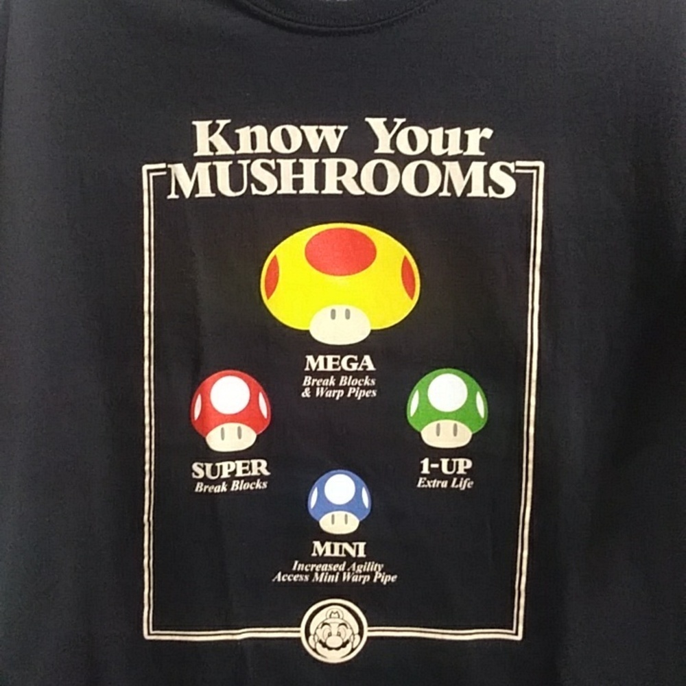 Super Mario Know Your Mushrooms Black & Yellow Men's Graphic T-Shirt *EUC* - Picture 2 of 8